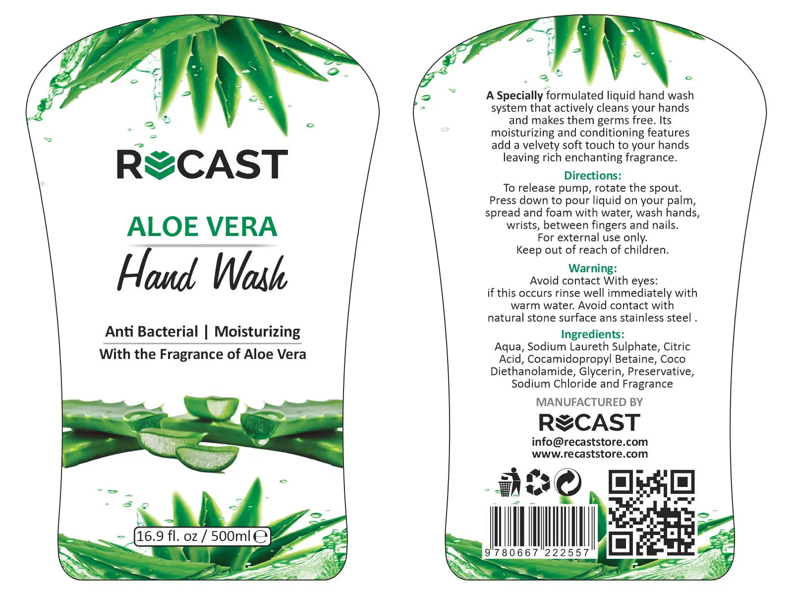 Recast Antibacterial Liquid Hand Wash - Aloe Vera 500ml Recast