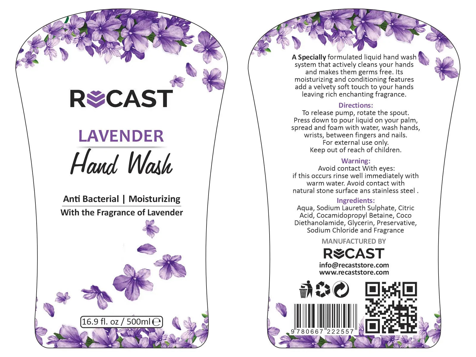 Recast Antibacterial Liquid Hand Wash - Lavender 500ml Recast