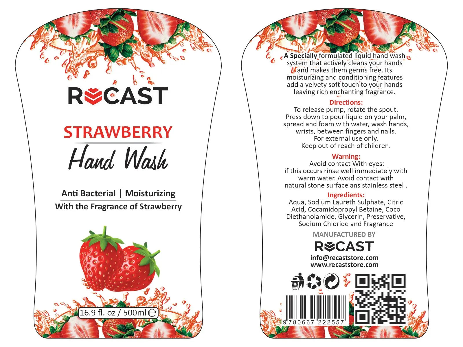 Recast Antibacterial Liquid Hand Wash - Strawberry 500ml - Recast